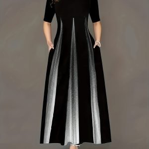 Ombre Crew Neck Dress, Elegant Short Sleeve Dress For Spring