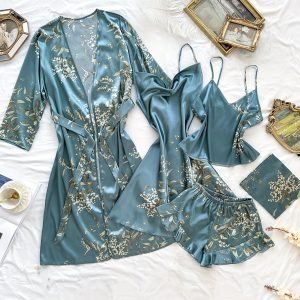Women’s Floral Print Elegant Satin Pajama Set, Long Sleeve Robe