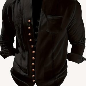 Men’s Casual Retro Cotton Linen Long Sleeve Shirt, Loose Fit