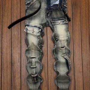 Men’s Stylish Cotton Blend Ripped Solid Denim Trousers With Pockets