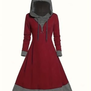 Color Block Drawstring Hooded Dress, Casual Long Sleeve Aline Swing