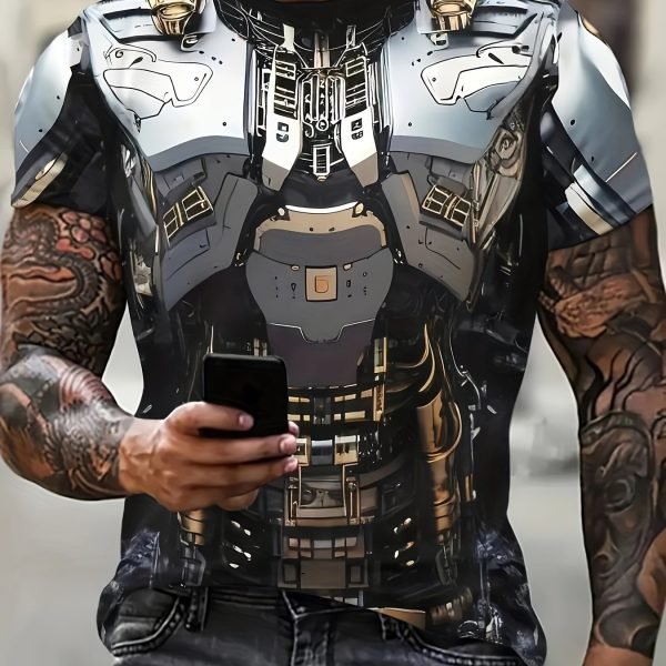 3D Digital Mechanic Style Robot Body Pattern Crew Neck And Short Sleeve T-shirt