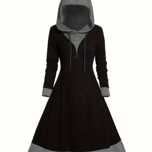 Color Block Drawstring Hooded Dress, Casual Long Sleeve Aline Swing