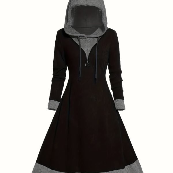 Color Block Drawstring Hooded Dress, Casual Long Sleeve Aline Swing