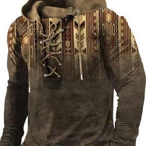 Retro And Ethnic Style Geometric Print Hooded Lace Up Sweatshirt