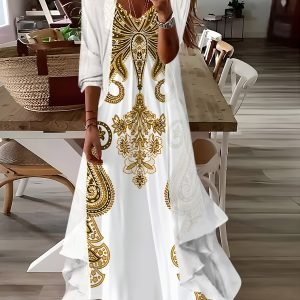 2 Pcs Tribal Print Cami Dress Set, Long Sleeve Open Front Cover Up