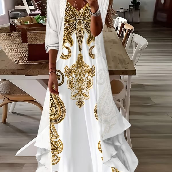 2 Pcs Tribal Print Cami Dress Set, Long Sleeve Open Front Cover Up
