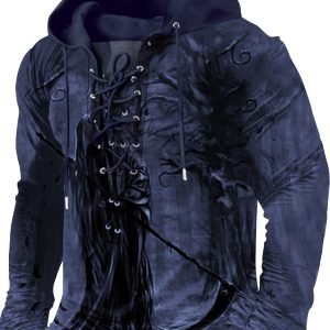 Reaper And Tree Pattern Hooded Long Sleeve Lace Up Sweatshirt
