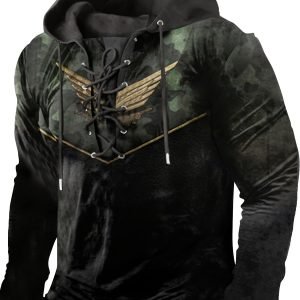 Retro Style Camouflage Pattern Hooded Lace Up Sweatshirt Men Fashion