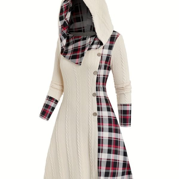 Plaid Print Splicing Hooded Dress, Casual Long Sleeve A Line Dress