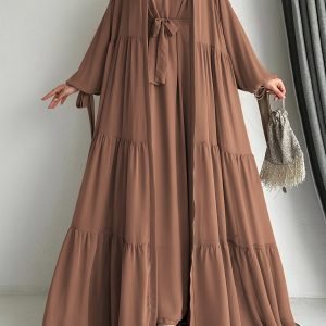 Crew Neck Long Sleeve Abayas Dress,Elegant Ruffle Hem Maxi Length Dress