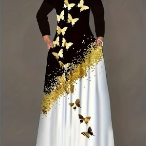 Butterfly Print Crew Neck Dress, Elegant Long Sleeve A-line