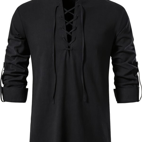 Men's 100% Cotton Solid Henley Shirt, Stand Collar Lace