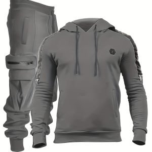 Men’s Casual 2pcs Set, High Stretch Sports Hoodie Multi Pocket