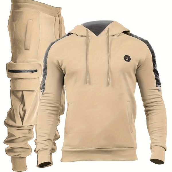 Men's Casual 2pcs Set, High Stretch Sports Hoodie Multi Pocket