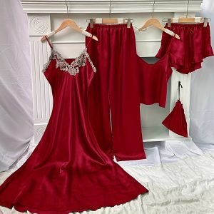 5 Piece Satin Sleep Set, Lace Trim Slip Dress,Cami Top,Ruffle Shorts,Lounge Pants