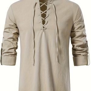 Men’s 100% Cotton Solid Henley Shirt, Stand Collar Lace