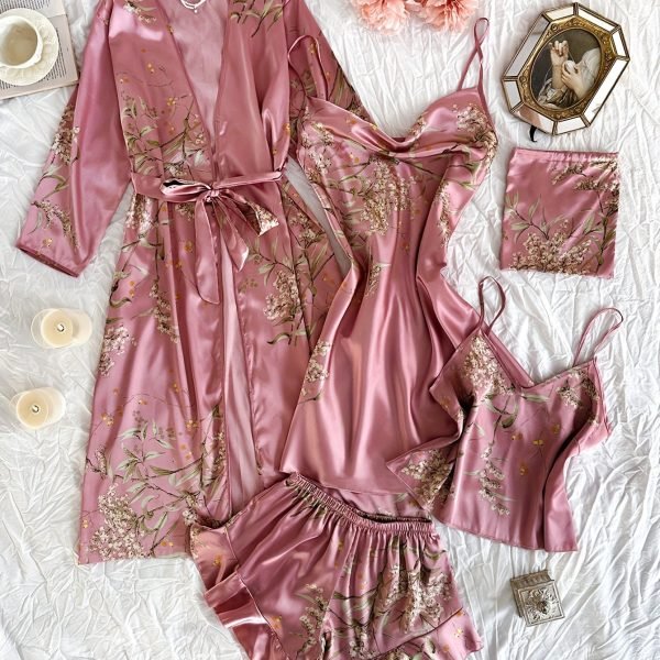 Women's Floral Print Elegant Satin Pajama Set, Long Sleeve Robe