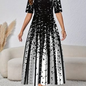 Color Block Polka Dot Dress, Elegant Crew Neck Half Sleeve Midi Dress