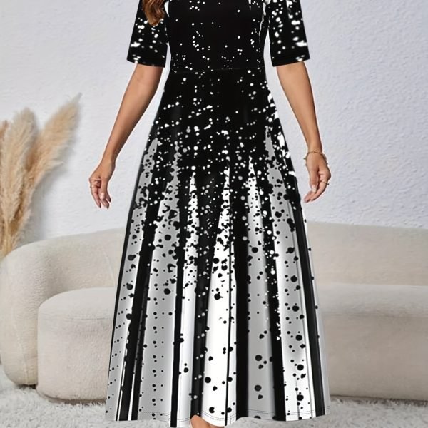 Color Block Polka Dot Dress, Elegant Crew Neck Half Sleeve Midi Dress