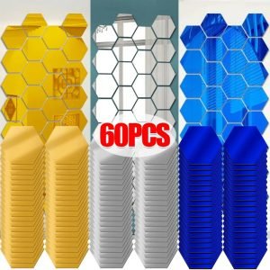 1/60pcs Hexagon Mirror Sticker 3D Mirror Acrylic Wall Stickers
