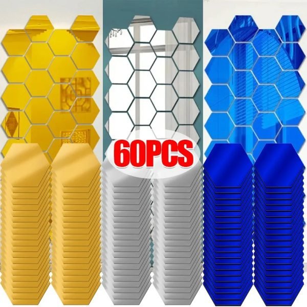 1/60pcs Hexagon Mirror Sticker 3D Mirror Acrylic Wall Stickers