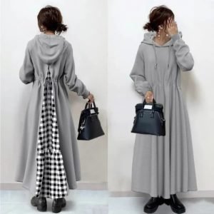 Spring/autumn Women’s Plaid Patchwork Long Sleeve Hooded Dress