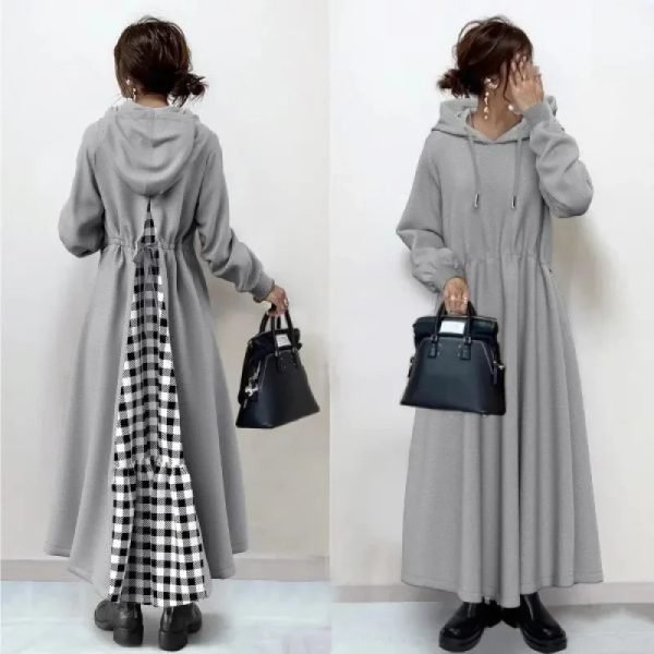 Spring/autumn Women's Plaid Patchwork Long Sleeve Hooded Dress