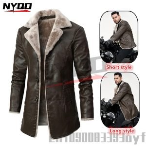 Men’s Mid-length Leather Jacket Autumn and Winter European Size