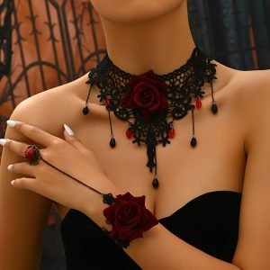 Dark Punk Style Open Account Lace Flower Bracelet and Necklace Set for Women
