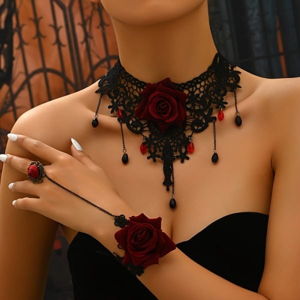 Dark Punk Style Open Account Lace Flower Bracelet and Necklace Set for Women