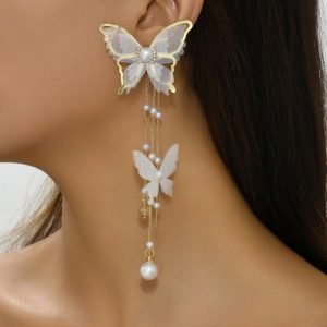 Elegant Simple Style Lace And Faux Pearl Studded Butterfly Tassel Earrings