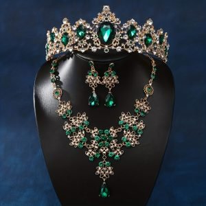 Baroque Crystal Bridal Jewelry Set Vintage Golden Green Rhinestone Wedding