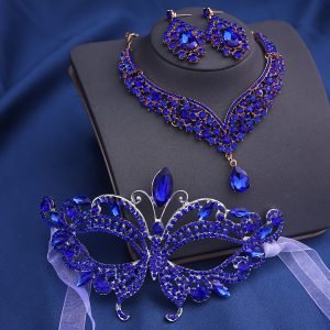 Rhinestone Masquerade Eye Mask  Necklace Earrings Crown Jewelry Set