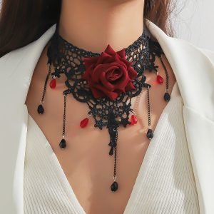 Vintage Gothic Lace Choker Necklace with Synthetic Red Rose and Black Crystal Drops