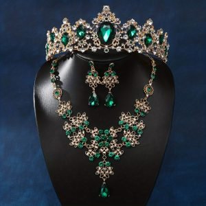 Baroque Crystal Bridal Jewelry Set Vintage Golden Green Rhinestone Wedding