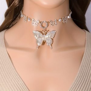 Cuban Full Of Rhinestones Big Butterfly Handmade Chain Necklace