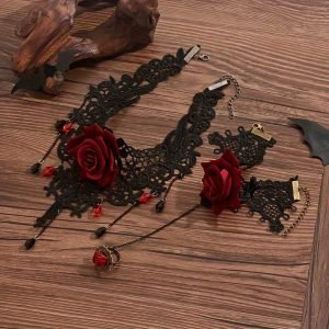 Dark Punk Style Open Account Lace Flower Bracelet and Necklace Set for Women