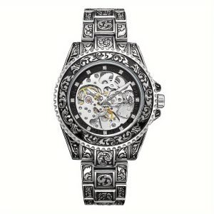 Men’s Fashion Carved Golden Mechanical Wrist Watch, Butterfly Buckle Hollow