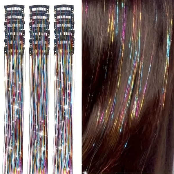 Elegant 18-Piece Hair Tinsel Set with BB Clip, 20-Inch Glitter Metallic Extension Strands
