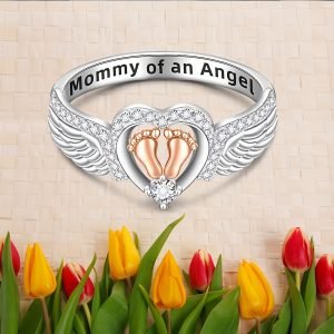 S925 Sterling Silver Two-Tone Baby Feet Heart Ring “Mommy Of An Angel”