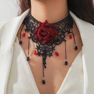 Vintage Gothic Lace Choker Necklace with Synthetic Red Rose and Black Crystal Drops
