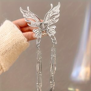 Premium Beautiful Silvery Butterfly Tassel Hair Claw Clip, Women Girls Princess Style