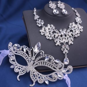Rhinestone Masquerade Eye Mask  Necklace Earrings Crown Jewelry Set