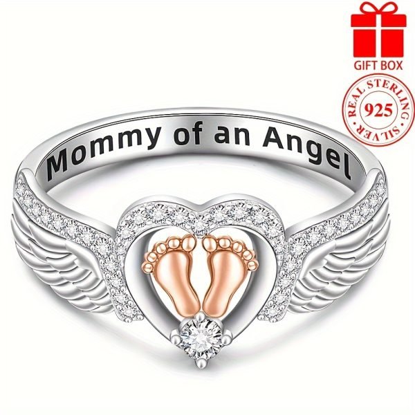 S925 Sterling Silver Two-Tone Baby Feet Heart Ring "Mommy Of An Angel"