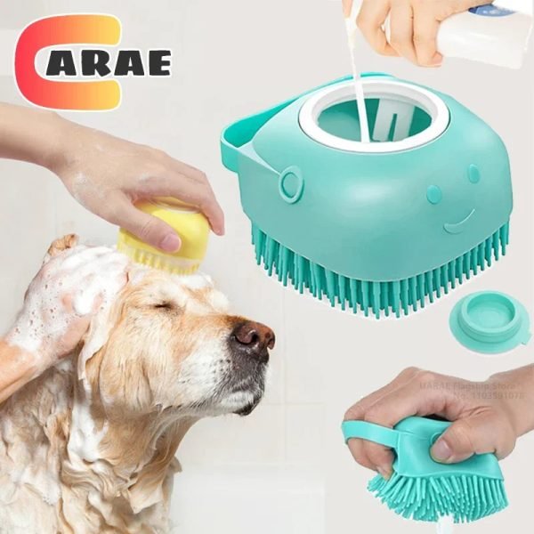 Dog Bathing Brush Pet Massage Brush Shampoo Dispenser Soft Silicone Brush Rubber Bristle