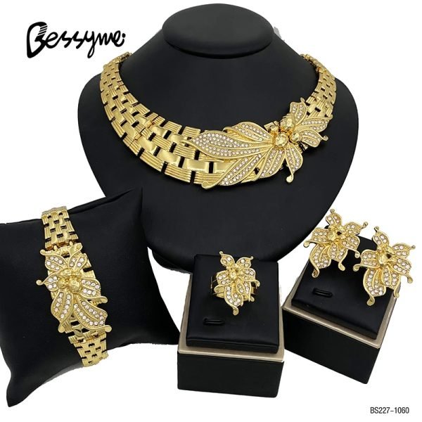 Italian 18K Gold Plated Jewelry Set Square Women Leaf Necklace Earrings