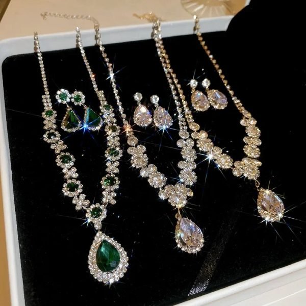 Green Stone Crystal Necklace Earrings Jewelry Set for Women Water Drop