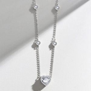 New 925 Sterling Silver Round Zirconia Necklace Delicate Charm Heart Pendant