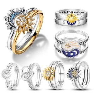 2 Pcs Ring Sets 925 Silver Jewelry Moon & Sun Ring For Women Wife